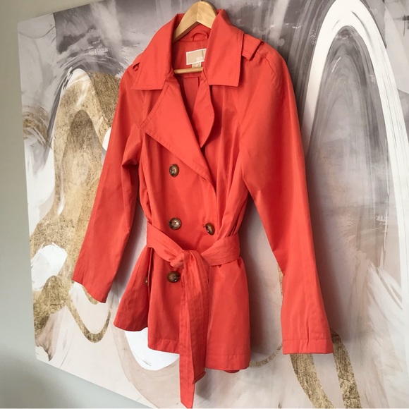 MICHAEL KORS | Coral Double Breasted Trench Rain Coat w/ Tie Belt Size Medium - Picture 3 of 13